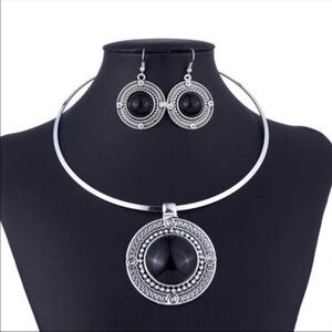 STUNNING Tribal Silver & Black Statement Necklace & Earring Set |Bohemian